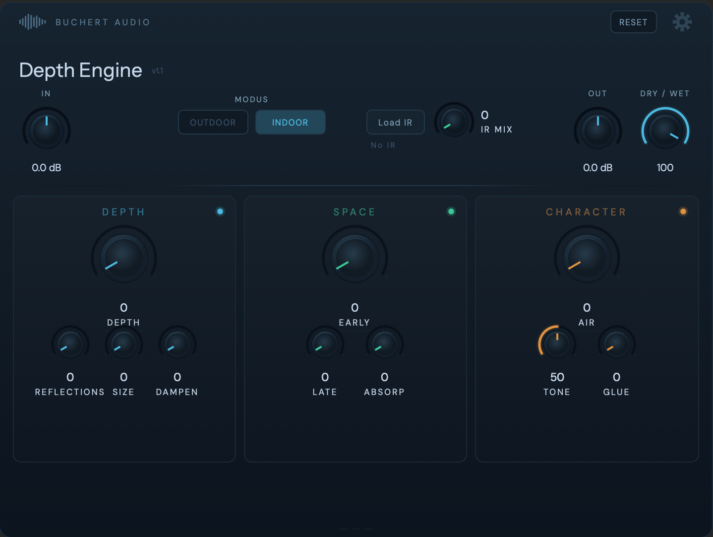 Depth Engine plugin interface — dark UI with blue accents, depth and space controls