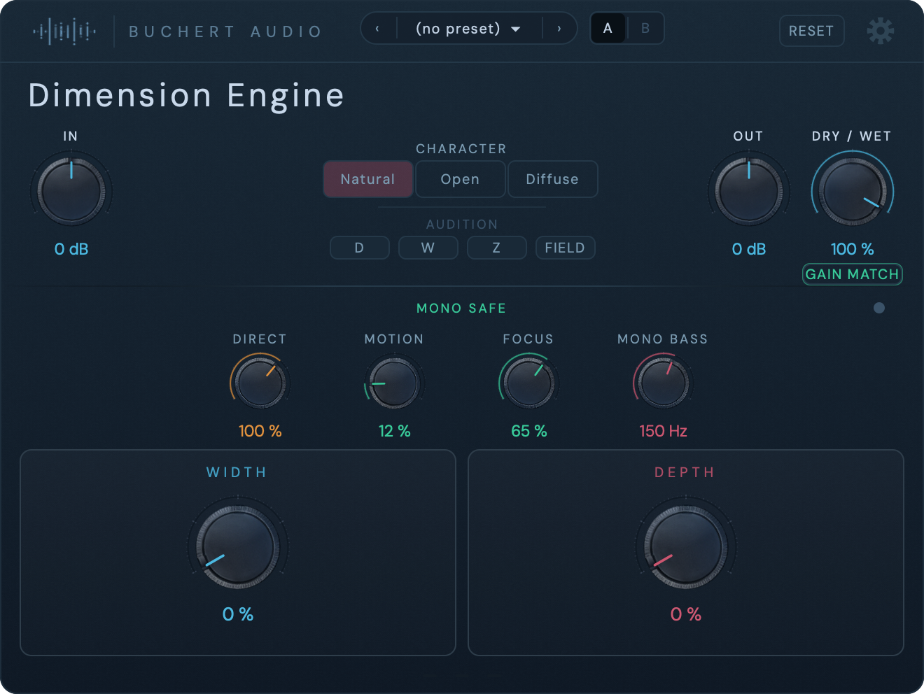 Dimension Engine plugin interface — dark UI with width, depth, focus and motion controls