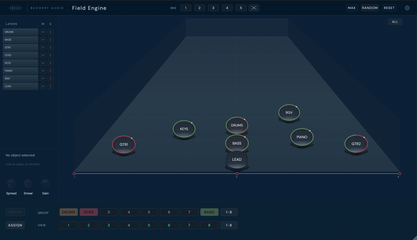 Field Engine with the BASS object selected, showing Spread, Smear and Gain controls and the group/view assignment row