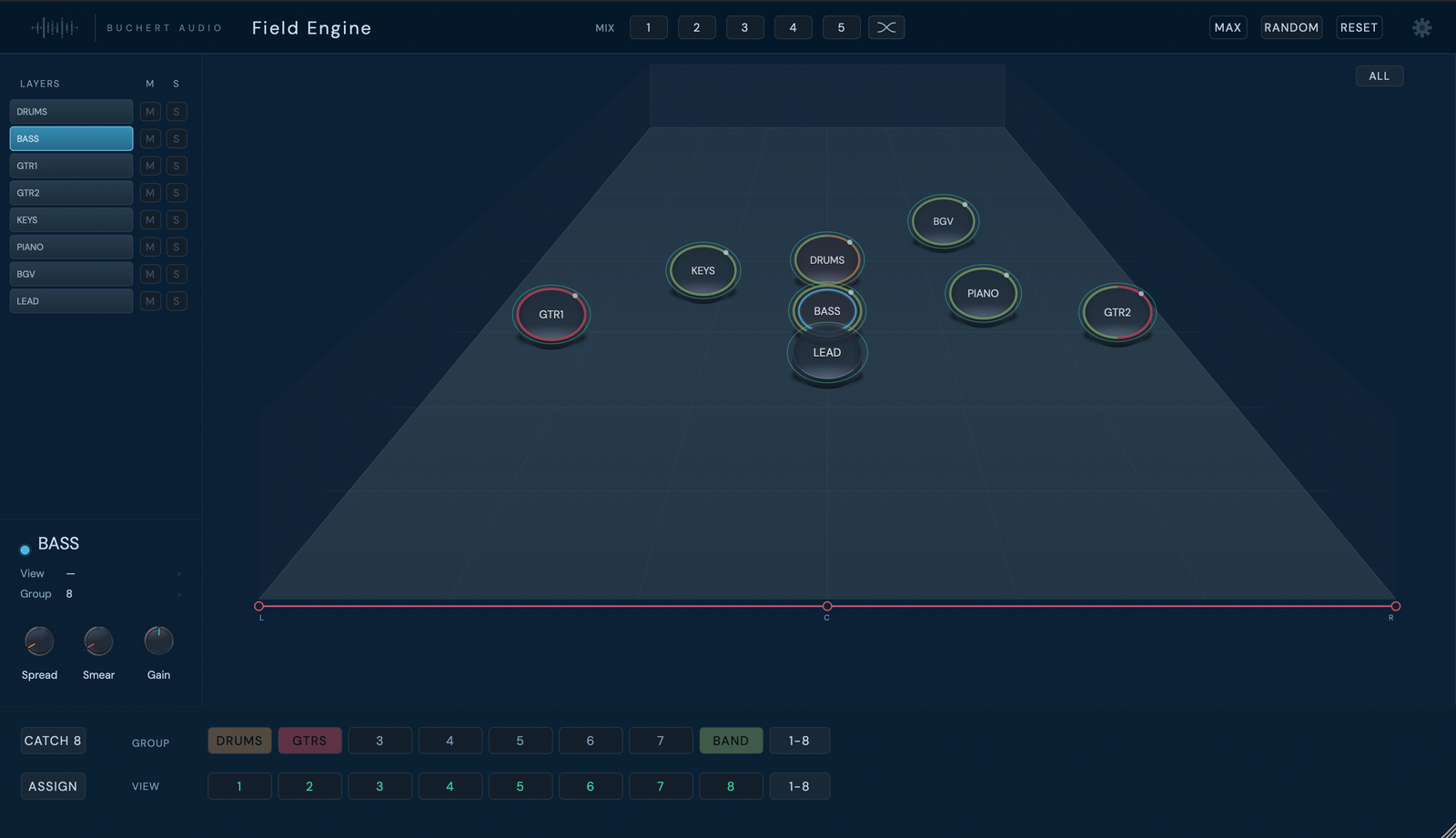 Field Engine plugin interface — visual field with eight musical objects placed on it, control surface for spatial mixing relationships