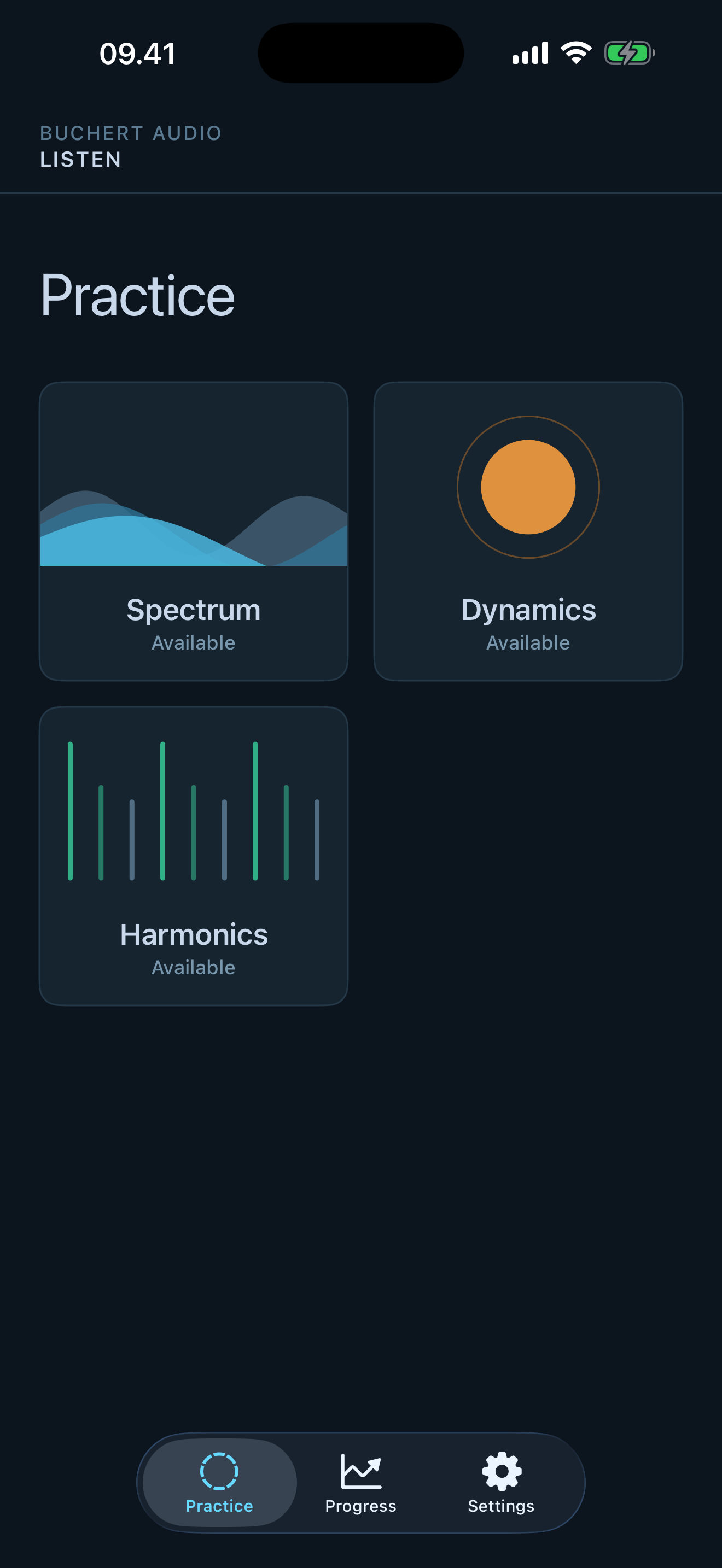 The Practice screen of Buchert Audio Listen, showing the three areas Spectrum, Dynamics, and Harmonics.