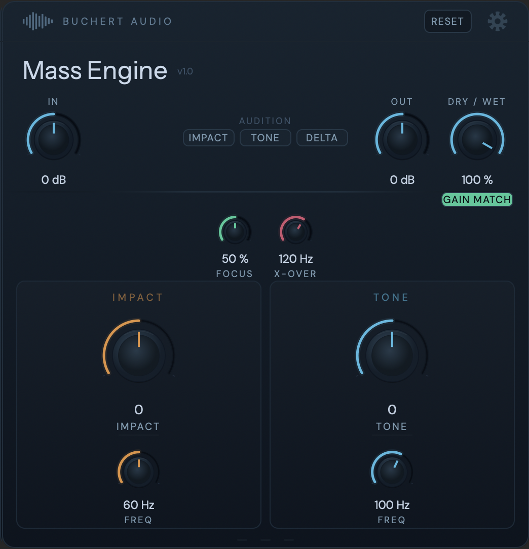 Mass Engine plugin interface — dark UI with blue accents, Impact and Tone sections